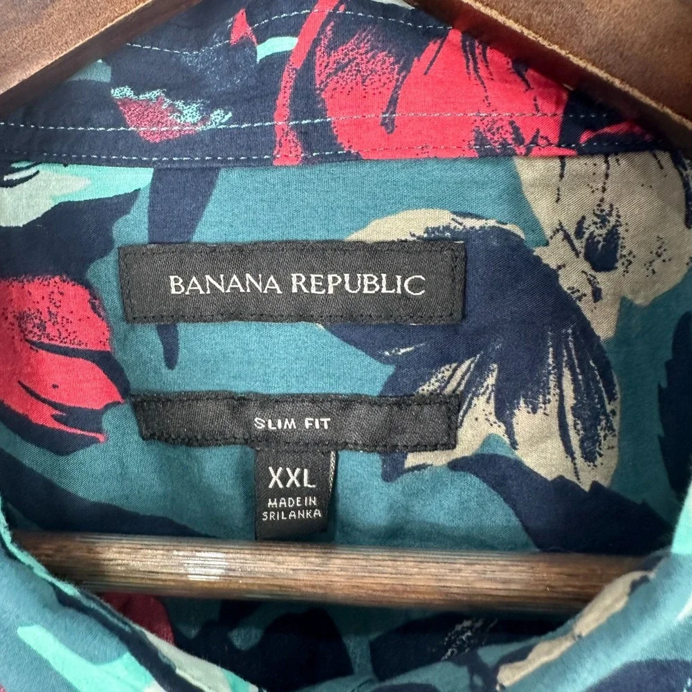 Banana Republic Button Up Shirt‎ Mens XXL Blue Floral Slim Fit Tropical Vacation